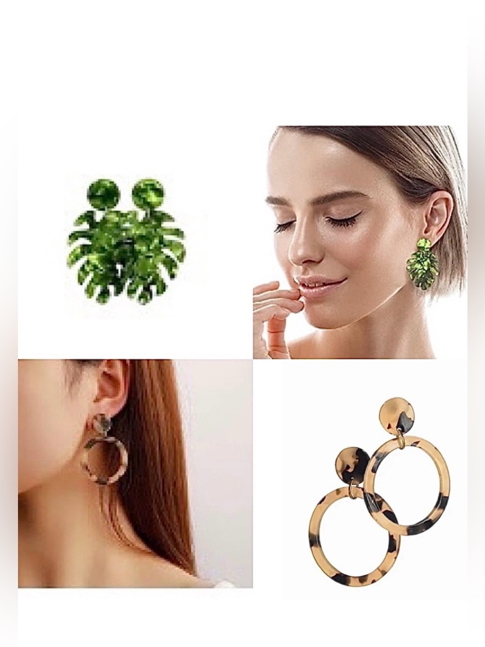 2 Sets of Earrings Green Leaf Earrings and Blonde Tortoise Circle Drop Earrings